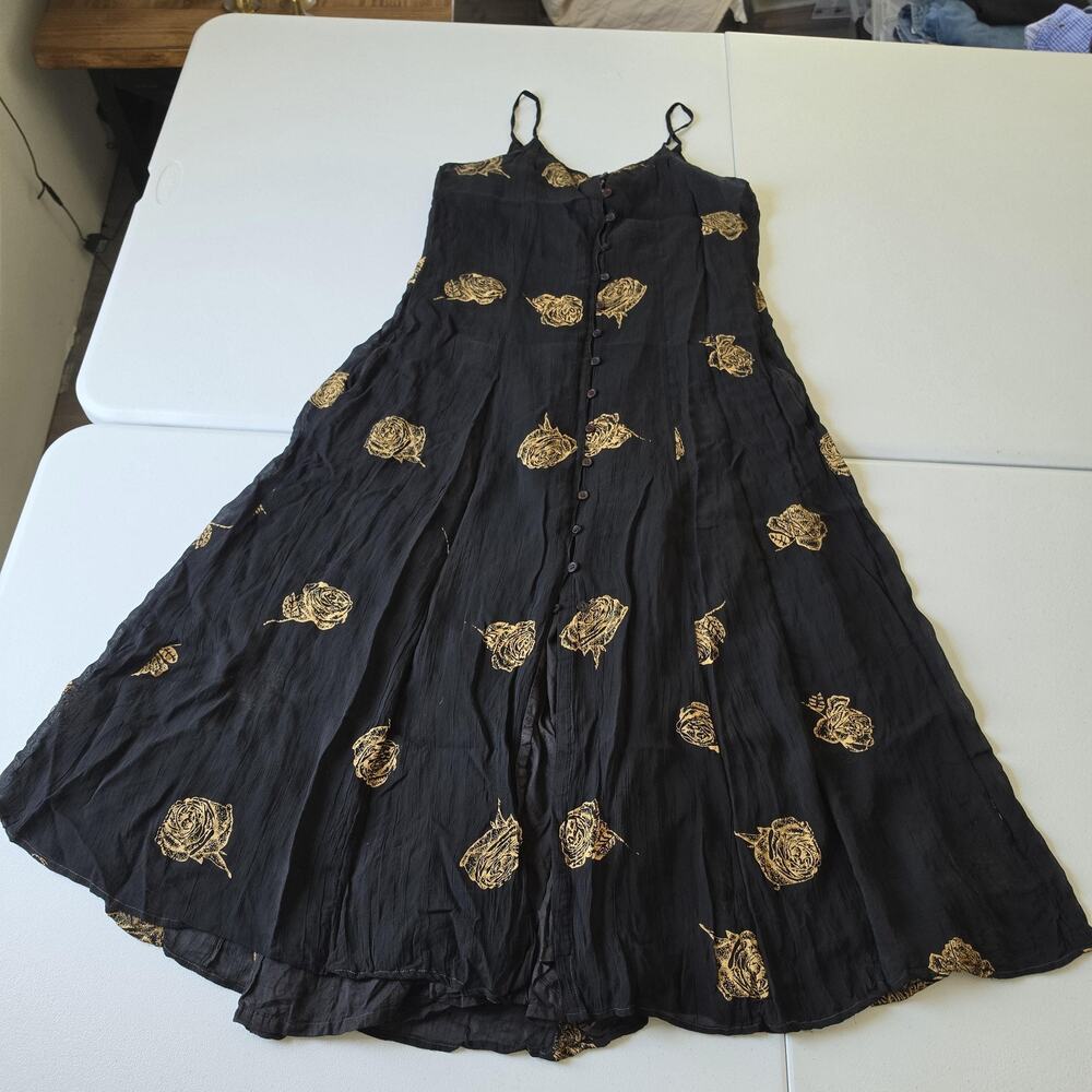 Vtg 90s Whimsigoth Fairy Grunge Dress Womens 8 Black Floral Rayon Button Front